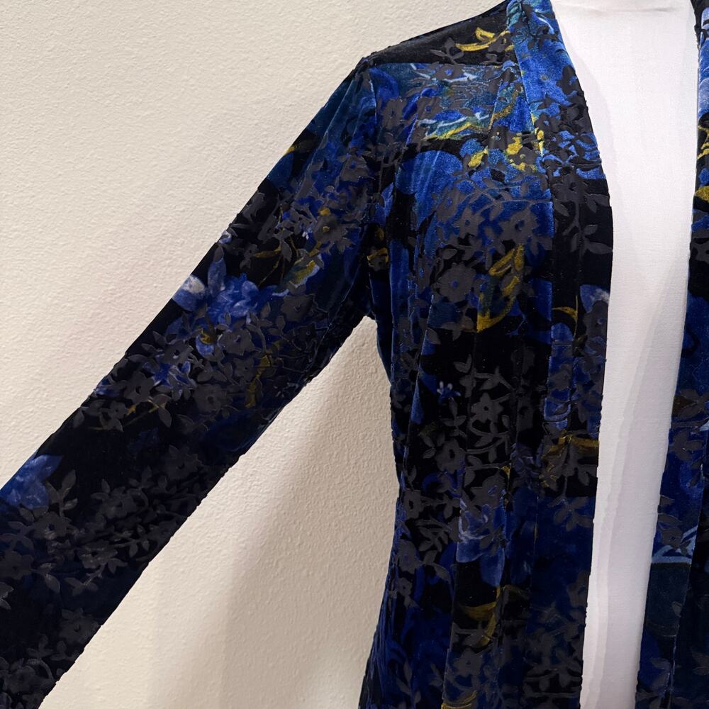 Susan Graver Blue Floral Burnout Velvet Cardigan Medium Sheer Office Fall Winter - Picture 3 of 9